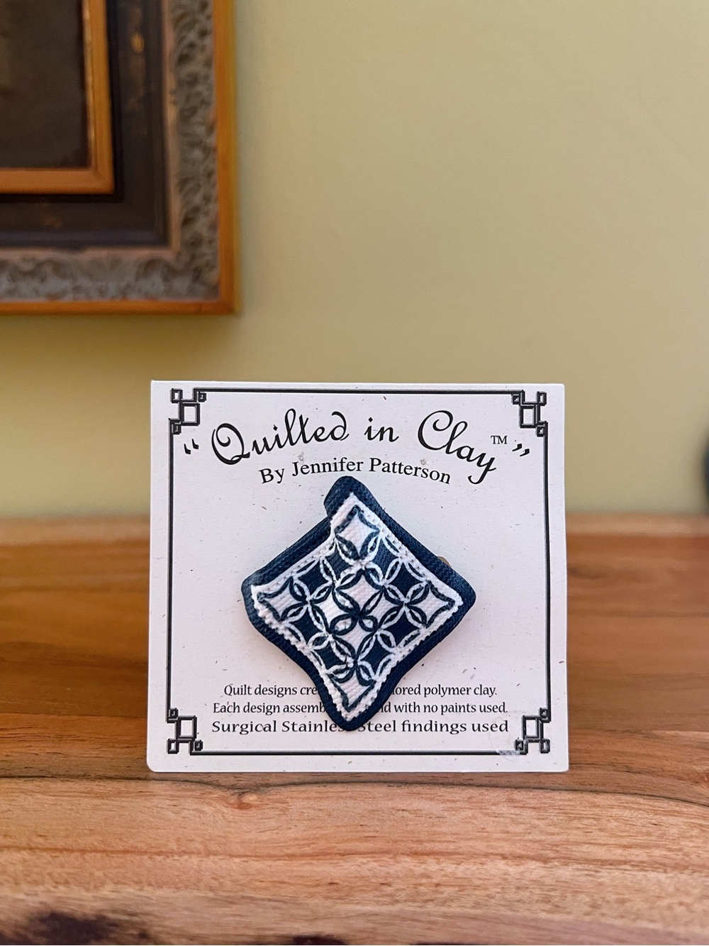 Quilted in Clay Brooch Handcrafted by Jennifer  Patterson Designs Blue & White
